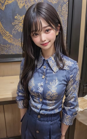 (((((Batik_blue_top_button_collared_shirt:1.6))))),(((((long_pants:1.5))))),((((standing:1.5)))), ((((medium_full_body_shot:1.5)))),(((front_viewed,looking_at_viewer:1.6))),(((((long_hair_with_complete_bangs:1.6))))),(((beautiful and aesthetic:1.4))),(((((smile_face:1.6))))),((((round cheeks, high-bridged nose:1.5)))),(((((office:1.7))))),
perfect.,Bomi,Enhance,Model ,Asian ,eungirl,((((1girl)))).,((Perfect lips)),lora:Ultra_Detailer:2,wearing indonesian high school uniform,indohighschool uniform,white shirt