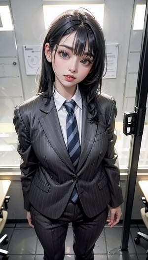 (((Medium full shot))), ((((front viewed)))), ((((standing)))), 25yo., (1girl), (((((dark grey striped gentleman's suit:1.5))))), (((necktie:1.2))), ((long pants:1.3)), (((smiling face:1.4))), ((plastic surgery huge shining round eyes, small chin, small low jaw, high-bridged nose, small face, small mouth:1.4)), ((blue hair)), (extra long hair with fringes with blurry), ((office room:1.4)).,Bomi,1 girl,