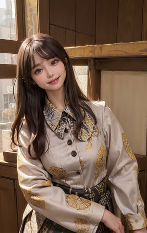 (((((Batik_top_button_collared_shirt:1.6))))),(((((long_pants:1.5))))),((((standing:1.5)))),(((front_viewed,looking_at_viewer:1.6))),(((((long_hair_with_complete_bangs:1.6))))),(((beautiful and aesthetic:1.4))),(((((smile_face:1.6))))),((((round cheeks, high-bridged nose:1.5)))),(((((office:1.7))))),
perfect.,Bomi,Enhance,Model ,Asian ,eungirl,((((1girl)))).,((Perfect lips)),lora:Ultra_Detailer:2