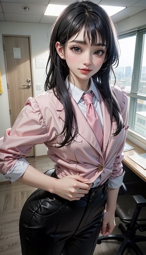(((Medium full shot))), ((((front viewed)))), ((((standing)))), 25yo., (1girl), (((((pink gentleman's suit:1.5))))), (((necktie:1.2))), ((long pants:1.3)), (((smiling face:1.4))), ((plastic surgery huge shining round eyes, small chin, small low jaw, high-bridged nose, small face, small mouth:1.4)), ((blue hair)), (extra long hair with fringes with blurry), ((office room:1.4)).,Bomi,1 girl,
