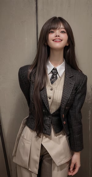 (Tweed_black_blazer_jacket:1.6),(button_waistcoat_wear_inside_blazer:1.5),(top_button_collared_shirt:1.4),(necktie:1.3),(long_pants:1.4),(((((looking_at_viewer,establishing_shot:1.6))))),(((((long_straight_hair_with_complete_bangs:1.8))))),((((standing:1.6)))),(((beautiful_and_aesthetic:1.4))),(((((happy_smile_face:1.6))))),((((plastic_surgery_round_eyes, round_cheeks, high-bridged_nose:1.5)))),((office_room:1.6)),
perfect.,Bomi,Enhance,Model ,Asian ,eungirl,((((1girl)))).,((Perfect lips)).,1 girl,perfect light.