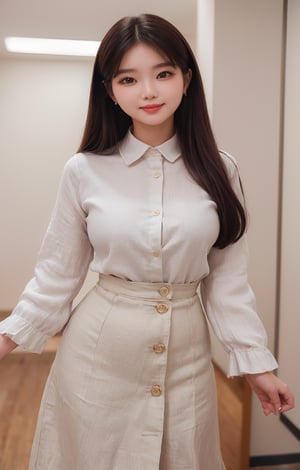 (((((Top_collared_button_linen_long_sleeve_shirt:1.5))))),(((long_skirt:1.4))),((((standing)))),(((((front_viewed:1.5))))),(((extra_long_hair_with_complete_fringes_with_blurry:1.4))),(((cute_smiling_face:1.3))),((((looking_at_viewer:1.4)))),(beautiful and aesthetic:1.4),((((round cheeks, high-bridged nose, plastic surgery round eyes:1.5)))), (((Kpop style pose:1.4))),(((bank office))),
perfect.,Bomi,Enhance,Model ,Asian ,eungirl,((((1girl)))).,((Perfect lips)).