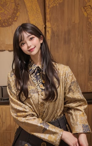 (((((Batik_top_button_collared_shirt:1.6))))),(((((long_pants:1.5))))),((((standing:1.5)))),(((front_viewed,looking_at_viewer:1.6))),(((((long_hair_with_complete_bangs:1.6))))),(((beautiful and aesthetic:1.4))),(((((smile_face:1.6))))),((((round cheeks, high-bridged nose:1.5)))),(((((office:1.7))))),
perfect.,Bomi,Enhance,Model ,Asian ,eungirl,((((1girl)))).,((Perfect lips)),lora:Ultra_Detailer:2