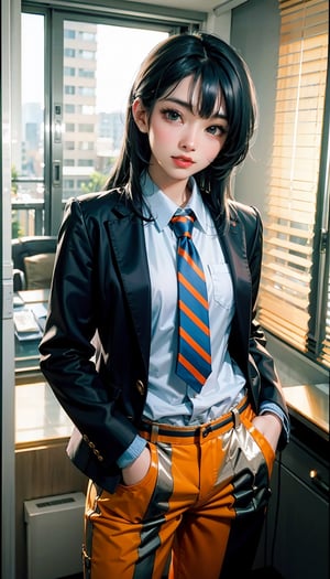 (((Medium full shot))), ((((front viewed)))), ((((standing)))), 25yo., (1girl), (((((orange striped gentleman's suit:1.5))))), (((necktie:1.2))), ((long pants:1.3)), (((smiling face:1.4))), ((plastic surgery huge shining round eyes, small chin, small low jaw, high-bridged nose, small face, small mouth:1.4)), ((blue hair)), (extra long hair with fringes with blurry), ((office room:1.4)).,Bomi,1 girl,
