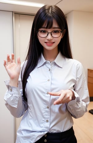 ((((((Button_collared_top white long sleeve shirt:1.5)))))),((standing)),((((front viewed,medium shot:1.4)))),((((black mini short pants:1.4)))),(((stylish long hair with complete bangs with blurry))),(((((smiling face:1.5))))),(Ultra-realistic, best photograph, best quality:1.3),((((round thin glasses:1.4)))), (beautiful and aesthetic:1.4),((((round cheeks, high-bridged nose, plastic surgery round eyes:1.5)))),((((Kpop stylish pose:1.5)))),((((office room:1.4)))), 
perfect.,Bomi,Enhance,Model ,Asian ,Girl,(((eungirl))). ,eungirl,1girl. 