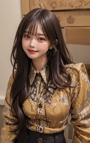 (((((Batik_top_button_collared_shirt:1.6))))),(((((long_pants:1.5))))),((((standing:1.5)))),(((front_viewed,looking_at_viewer:1.6))),(((((long_hair_with_complete_bangs:1.6))))),(((beautiful and aesthetic:1.4))),(((((smile_face:1.6))))),((((round cheeks, high-bridged nose:1.5)))),(((((office:1.7))))),
perfect.,Bomi,Enhance,Model ,Asian ,eungirl,((((1girl)))).,((Perfect lips)),lora:Ultra_Detailer:2