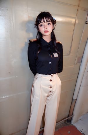 (((((Button_up collared long sleeve uniform:1.5))))),((((long slacks:1.4)))),((((royal guard badges:1.4)))),(((((standing))))),((((viewed from above, medium shot:1.4)))),((((arms behind back:1.4)))),(((extra long hair with bangs with blurry))),((((happy cute face:1.4)))),(((((against wall:1.4))))),((((heavy winds:1.4)))). (Ultra-realistic, best photograph, best quality:1.3), (beautiful amd aesthetic:1.4), ((((stylish pose:1.4)))), 
perfect.,Bomi,Enhance,Model ,Asian ,Girl,(((eungirl))). ,eungirl,1girl. ,(((chutirada))).,JeeSoo ,chinagirl02