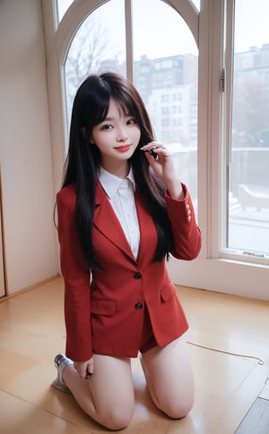 (((((Button_collared_top red blazer suit:1.5))))),(((kneeling the floor))),((((far full body shot:1.4)))),(((((old fashioned mini short pants:1.4))))),(beautiful and aesthetic:1.4),((((round cheeks, high-bridged nose, plastic surgery round eyes:1.5)))),((((extra long hair with complete fringes with blurry:1.4)))), ((((against window)))),((((smiling face:1.4)))),(((((Kpop stylish pose:1.5))))),(((((empty room:1.5))))),
perfect.,Bomi,Enhance,Model ,Asian ,Girl,(((eungirl))). ,eungirl,1girl. 