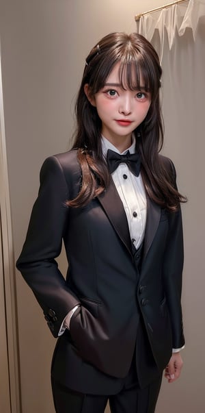((((Top_button_collared_Tuxedo_suit:1.5)))),(((Tuxedo_bow_tie:1.4))),((((long_slack_pant:1.4)))),(((((looking_at_viewer,front_viewed:1.5))))),((((standing)))),(((((long_hair_with_complete_bangs:1.6))))),(((beautiful and aesthetic:1.4))),(((((happy_face_with_tears:1.6))))),((((round cheeks, high-bridged nose:1.5)))),(((((girl_room:1.5))))),
perfect.,Bomi,Enhance,Model ,Asian ,eungirl,((((1girl)))).,((Perfect lips)).,1 girl,perfect light