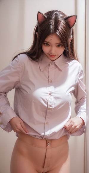 (((((Top_button_collared_long_sleeve_shirt:1.5))))),((((long_pants)))),((((standing)))),(((((front_viewed:1.5))))),(((((extra_long_hair_with_complete_fringes_with_blurry:1.5))))),(((cute_smiling_face:1.5))),((((looking_at_viewer:1.4)))),((((wear_cat's_ears:1.5)))),(beautiful and aesthetic:1.4),((((round cheeks, high-bridged nose, plastic surgery round eyes:1.5)))), (((Kpop style pose:1.4))),(((bank office))),
perfect.,Bomi,Enhance,Model ,Asian ,eungirl,((((1girl)))).,((Perfect lips)).,perfect light