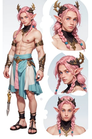  1 man, male face , braid pink hair, twink body, freckles face, ,blue eyes  , kawaii ,perfect light , elf ear,fantasy clothing,wrenchftmfshn,(CharacterSheet:1),(multiple views, upper body, full body, reference sheet:1)