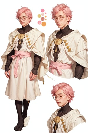  1 man, male face , short pink hair, twink body, freckles face, ,closed eyes  , kawaii ,perfect light,white cape white robe,1boy glasses,(CharacterSheet:1),(multiple views, full body, upper body, reference sheet:1)