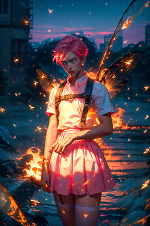  1 man, male face ,  freckles ,at night in the city  ,blue eyes , pink short hair , kawaii , wearing mini white skirt, harness, side brown bag, stockings BREAK,firefliesfireflies,r1ge