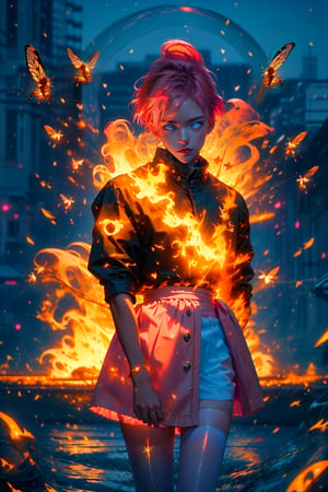  1 man, male face ,  freckles ,at night in the city  ,blue eyes , pink short hair , kawaii , wearing mini white skirt, harness, side brown bag, stockings BREAK,firefliesfireflies,r1ge