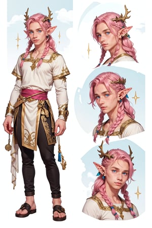  1 man, male face , braid pink hair, twink body, freckles face, ,blue eyes  , kawaii ,perfect light , elf ear,fantasy clothing,wrenchftmfshn,(CharacterSheet:1),(multiple views, upper body, full body, reference sheet:1)