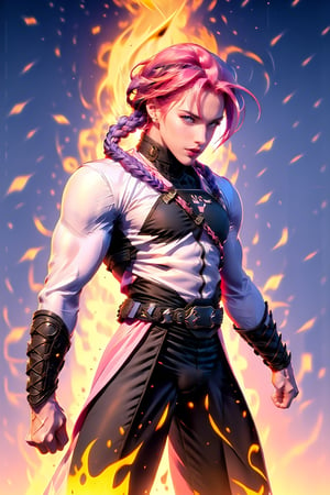 A braid long pink hair man , blue eyes, sexy face, pink bedroom background, harness,firefliesfireflies  ,firefliesfireflies , muscular, moaning ,1boy,nsfw , transparent white clothing,colth ,r1ge, 