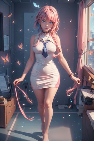 1woman, braid pink hair man ,  full body , blue eyes, sweaty body , ,sexy face, hospital room backwards , sexy choker  , ,ruanyi0220,firefliesfireflies,3d animation,sleeveless dress,pencil dress,necktie,gloves,cuffs