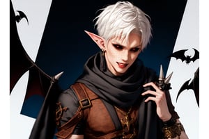  1 man, male face , short white hair, twink body, freckles face , kawaii ,perfect light , elf ear,stockings BREAK ,fantasy clothing,wrenchftmfshn,black sclera , intense smile , several bats in the background , wearing a big white scarf