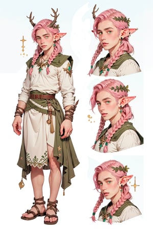  1 man, male face , braid pink hair, twink body, freckles face, ,green eyes  , kawaii ,perfect light , elf ear,fantasy clothing,wrenchftmfshn,(CharacterSheet:1),(multiple views, full body, upper body, reference sheet:1)