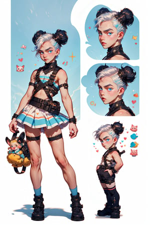  1 boy ,  freckles face,  ,blue eyes , white hair , kawaii , wearing mini white skirt, harness, stockings BREAK,r1ge,(CharacterSheet:1),(multiple views, full body, upper body, reference sheet:1)