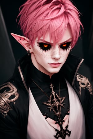  1 man, male face , short pink hair, twink body, freckles face , kawaii ,perfect light , elf ear,fantasy clothing,wrenchftmfshn,Completely_black_eyes,dark_sclera,empty eyes,black sclera , intense smile