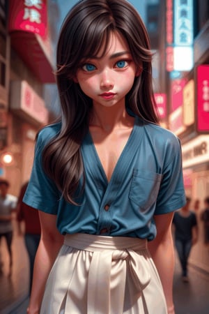 1 japanese man, 1woman, 1couple, freckles on the face ,at night in the city ,cute man , white shirte, blue eyes and a pink long hair  , wearing skirt, harness face  ,3d animation
