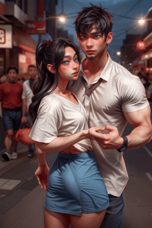 1 japanese man, 1woman, 1couple, male face ,  freckles on the face ,at night in the city ,cute man , white shirte, blue eyes and a pink long hair  , wearing skirt, harness face  ,3d animation