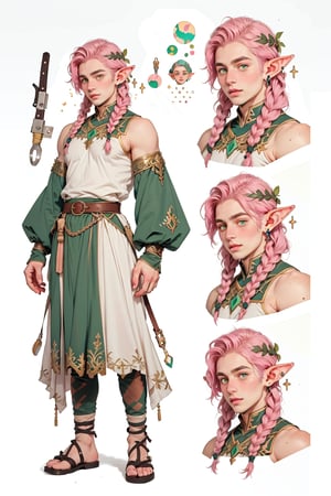  1 man, male face , braid pink hair, twink body, freckles face, ,green eyes  , kawaii ,perfect light , elf ear,fantasy clothing,wrenchftmfshn,(CharacterSheet:1),(multiple views, full body, upper body, reference sheet:1)