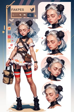  1 girl ,  freckles face,  ,closed eyes , long white hair , kawaii , wearing mini white skirt, harness, stockings BREAK,r1ge,(CharacterSheet:1),(multiple views, full body, upper body, reference sheet:1)