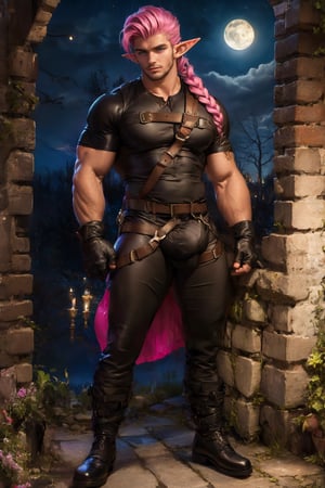 1man, long gloves , shirt, black leather, blue eyes, cables, wires, pink braid hair , leather boots  ,wearing skirt, night ,harness ,Hairy,elf ears,Big bulge Behind the pants