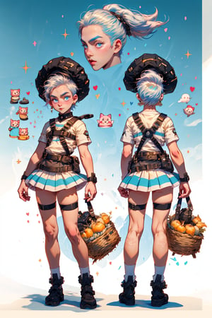  1 boy ,  freckles face,  ,blue eyes , white hair , kawaii , wearing mini white skirt, harness, stockings BREAK,r1ge,(CharacterSheet:1),(multiple views, full body, upper body, reference sheet:1)