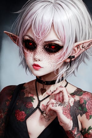 1 man, male face , short white hair, twink body, freckles face  , kawaii ,perfect light , elf ear, pink florest backwards , sexy choker   ,Completely_black_eyes,dark_sclera,empty eyes,black sclera,More Detail