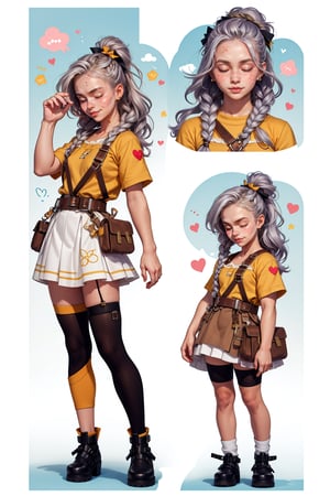  1 woman ,  freckles face,  ,closed eyes , braid white hair , kawaii , wearing mini white skirt, harness, stockings BREAK,r1ge,(CharacterSheet:1),(multiple views, full body, upper body, reference sheet:1)