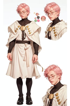  1 man, male face , short pink hair, twink body, freckles face, ,closed eyes  , kawaii ,perfect light,white cape white robe,1boy glasses,(CharacterSheet:1),(multiple views, full body, upper body, reference sheet:1)