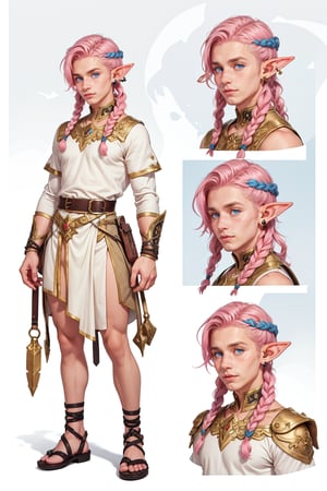  1 man, male face , braid pink hair, twink body, freckles face, ,blue eyes  , kawaii ,perfect light , elf ear,fantasy clothing,wrenchftmfshn,(CharacterSheet:1),(multiple views, upper body, full body, reference sheet:1)