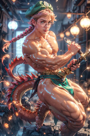  1 man, male face , pink long braid hair, twink body, big round glasses, perfect male body posing with swords in hand, freckles face  ,green eyes  , kawaii ,ventidef, beret,venti (genshin impact),battoujutsu,dwarfoil,3d animation,ancient dragon