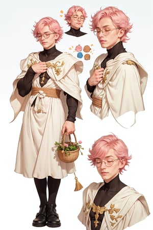  1 man, male face , short pink hair, twink body, freckles face, ,closed eyes  , kawaii ,perfect light,white cape white robe,1boy glasses,(CharacterSheet:1),(multiple views, full body, upper body, reference sheet:1)