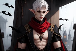  1 man, male face , short white hair, twink body, freckles face , kawaii ,perfect light , elf ear,stockings BREAK ,fantasy clothing,wrenchftmfshn,black sclera , intense smile , several bats in the background , wearing a big white scarf