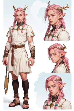  1 man, male face , braid pink hair, twink body, freckles face, ,blue eyes  , kawaii ,perfect light , elf ear,fantasy clothing,wrenchftmfshn,(CharacterSheet:1),(multiple views, upper body, full body, reference sheet:1)