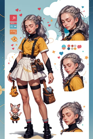  1 woman ,  freckles face,  ,closed eyes , braid white hair , kawaii , wearing mini white skirt, harness, stockings BREAK,r1ge,(CharacterSheet:1),(multiple views, full body, upper body, reference sheet:1)