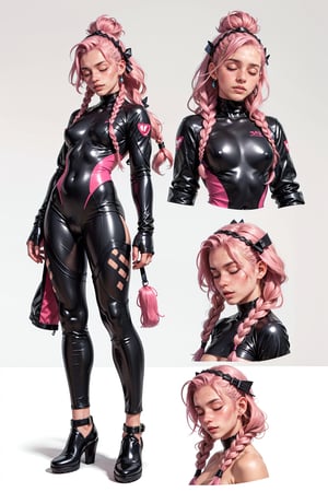  1 woman , braid pink hair, twink body, freckles face, ,closed eyes  , kawaii ,bodysuit,latex,(CharacterSheet:1),(multiple views, full body, upper body, reference sheet:1)