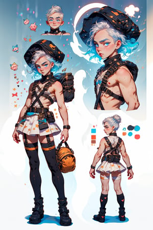  1 boy ,  freckles face,  ,blue eyes , white hair , kawaii , wearing mini white skirt, harness, stockings BREAK,r1ge,(CharacterSheet:1),(multiple views, full body, upper body, reference sheet:1)