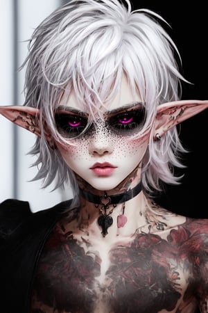 1 man, male face , short white hair, twink body, freckles face  , kawaii ,perfect light , elf ear, pink florest backwards , sexy choker   ,Completely_black_eyes,dark_sclera,empty eyes,black sclera,More Detail