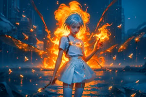  1 man, male face ,  freckles ,at night in the city  ,blue eyes , white hair , kawaii , wearing mini white skirt, harness, stockings BREAK,firefliesfireflies,r1ge