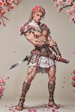 wearing armor, armor, 1man, pink bedroom background, wearing mini white skirt, slender boy , shy face  , pink braid hair , cute face , blue eyes, man body, sweaty body , sexy face, pink florest backwards , naked , full male body, male  ,flower4rmor,thicc , well done details, full of details , ,battoujutsu