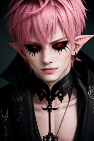  1 man, male face , short pink hair, twink body, freckles face , kawaii ,perfect light , elf ear,fantasy clothing,wrenchftmfshn,Completely_black_eyes,dark_sclera,empty eyes,black sclera , intense smile , looking at the camera