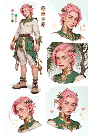  1 man, male face , short pink hair, twink body, freckles face, ,green eyes  , kawaii ,perfect light , elf ear,fantasy clothing,wrenchftmfshn,(CharacterSheet:1),(multiple views, full body, upper body, reference sheet:1)