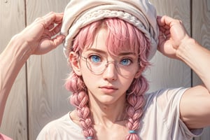  1 man, male face, yong guy , pink braid hair, twink body, freckles face,  ,blue eyes, cute round glasses  , kawaii ,ventidef, beret,perfect light,BnnBnn