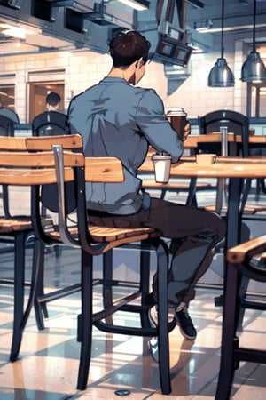 1Man, solo, cafeteria, He's in a cafeteria drinking coffee, coffee, coffee Cup in his hands , drinking coffee
