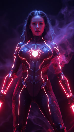 This image is a piece of digital art that looks like a futuristic or sci-fi scene. It shows a close-up of Spider-Woman's head and upper body,
neo-futuristic technological battle armor in the vein of Spider-Man and Iron Man's battle armor. The breastplate accentuates her voluptuous figure, a mecha hubggirl stands confidently against a dark backdrop, her hands grasping two radiant red swords in a dynamic pose, 
High-tech cyberpunk style,
Vertigo, Splash of Neon Colors, (Colorful Glowing Smoke) ((Dynamic Effects)), Best Quality, Wallpaper Art, UHD, Medium Scene, MSchiffer Art, ((Flat Colors)), (cel-shading style) Very Bold Neon Colors, Psychedelic Environments.